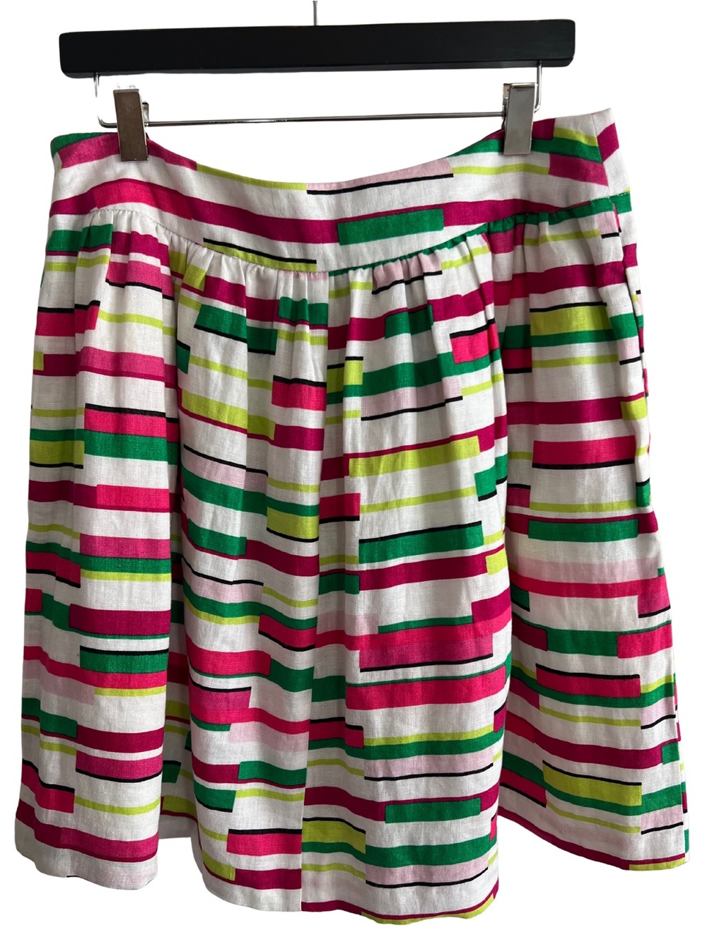 💯Linen CuTE Women’s White Stripe Pleated Skirt with Pink & Green Accents - Sz 8